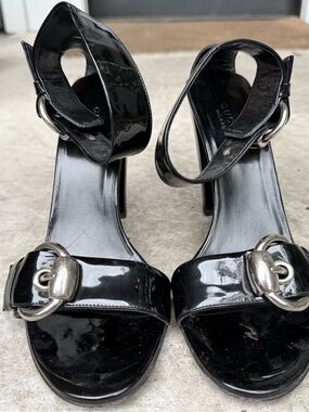 Gucci Black Patent Leather Ankle-Strap Heels with Silver Buckles